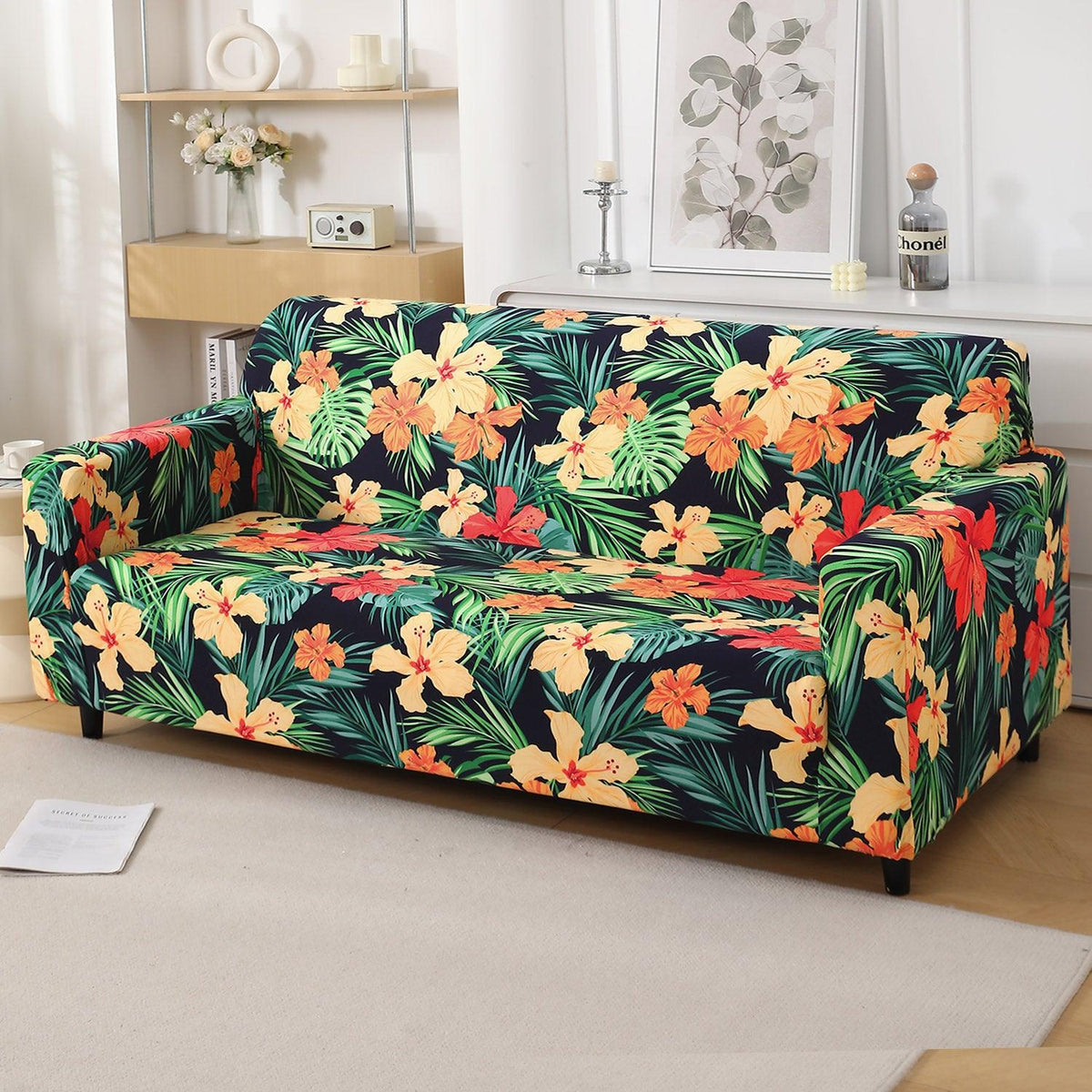 Spring Green Hibiscus Printed full fitted stretchable three seater sofa cover