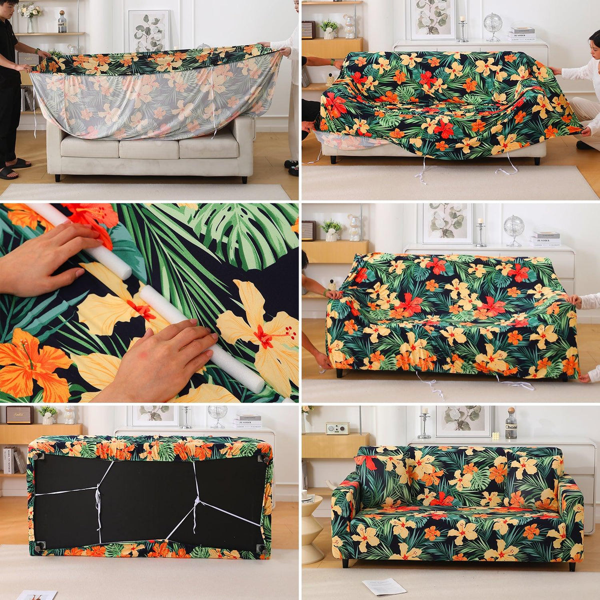 Spring Green Hibiscus Printed floral pattern – Step-by-step guide to put on an elastic sofa cover