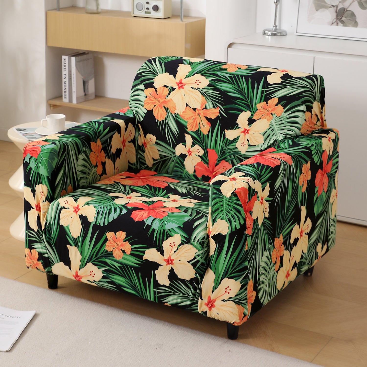 Spring Green Hibiscus Printed Elastic Sofa Cover - HOKIPO | Har Ghar ka Humsafar