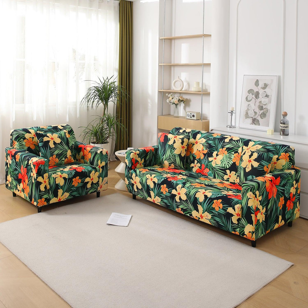 Spring Green Hibiscus Printed, floral pattern elastic sofa cover 3 2 seater​ sofas 