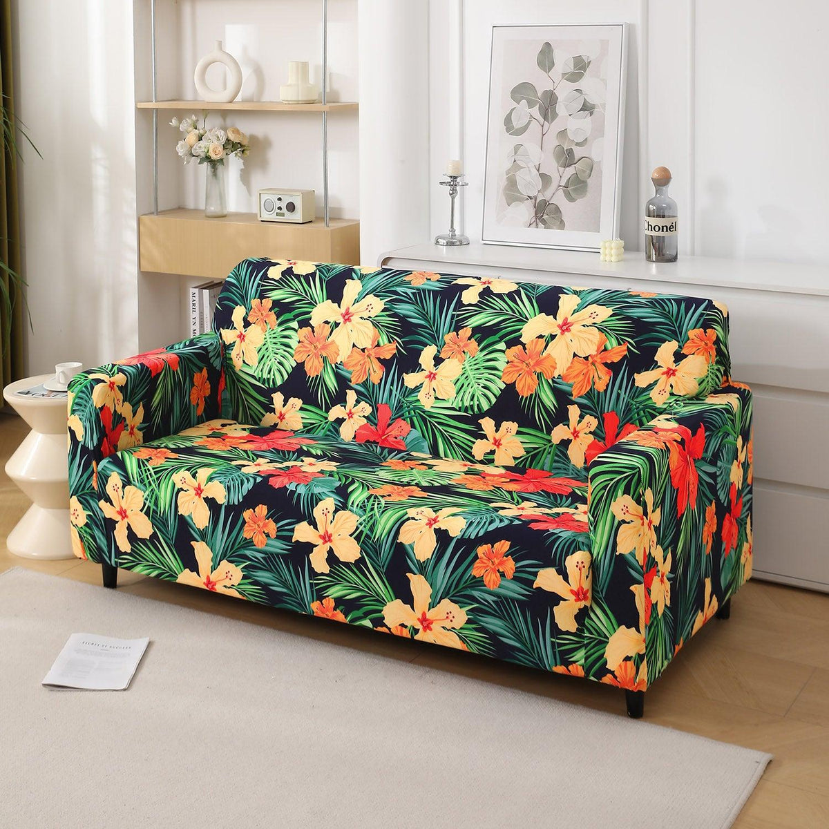 Spring Green Hibiscus Printed non slip elastic 3 seater sofa cover