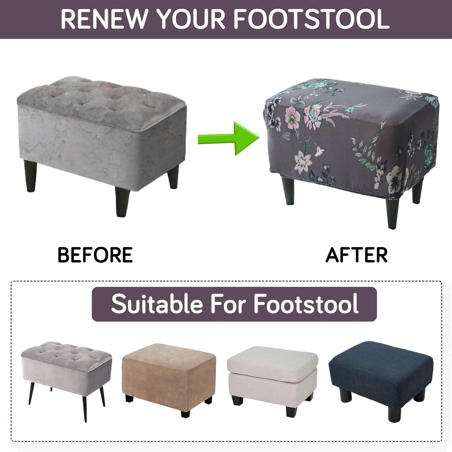 Stretchable 140 GSM Footstool Cover, Bentonite Grey Budding Florals - HOKIPO | Har Ghar ka Humsafar