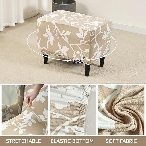 Stretchable 140 GSM Footstool Cover, Buff Brown Sillehoute Floral - HOKIPO | Har Ghar ka Humsafar