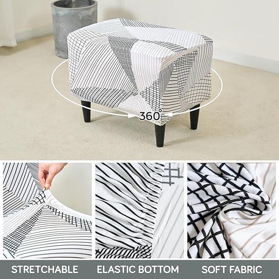 Stretchable 140 GSM Footstool Cover, Snow White Black Geometry - HOKIPO | Har Ghar ka Humsafar