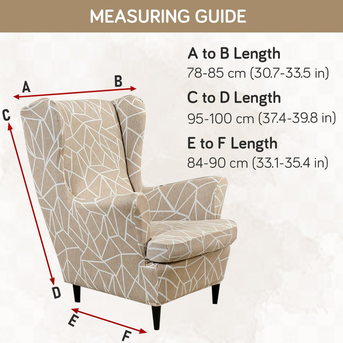 Beige Abstract Geometry Stretchable Chair Cover for Wingback Chair size guide