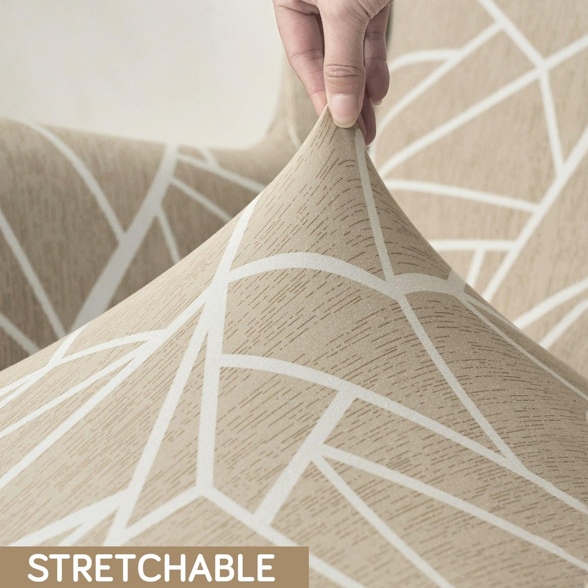 Beige Abstract Geometry Stretchable Chair Cover for Wingback Chair