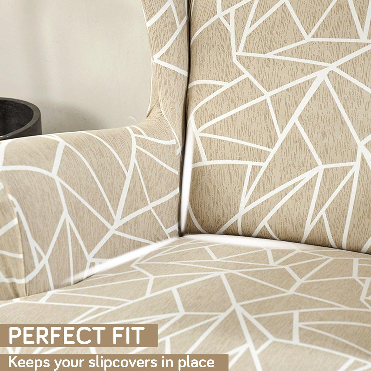 Beige Abstract Geometry Stretchable Chair Covers for Wingback Chairs