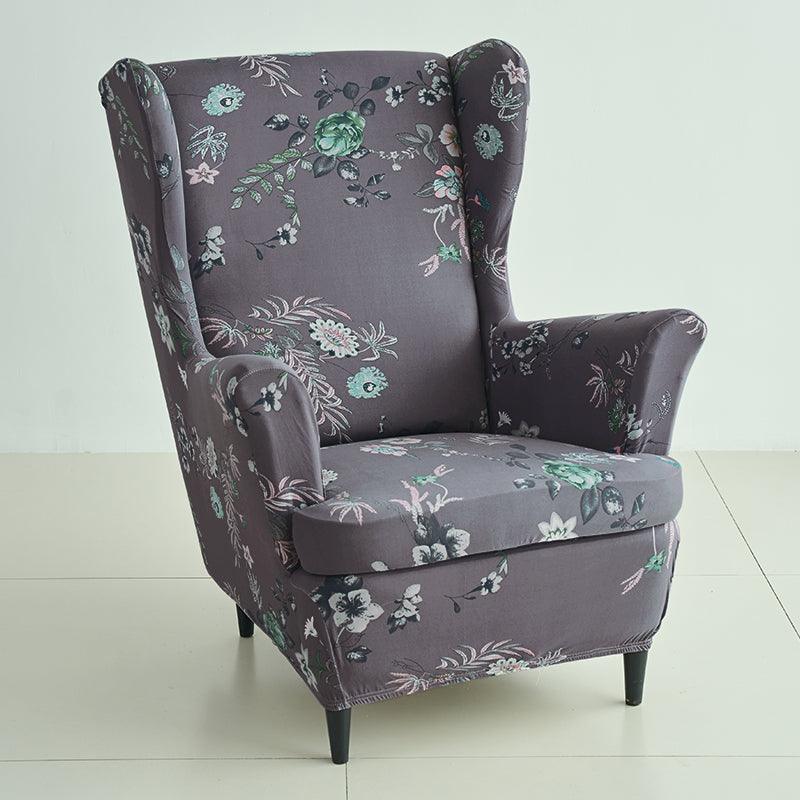 Stretchable 140 GSM Wing Chair Cover, Bentonite Grey Budding Florals - HOKIPO | Har Ghar ka Humsafar