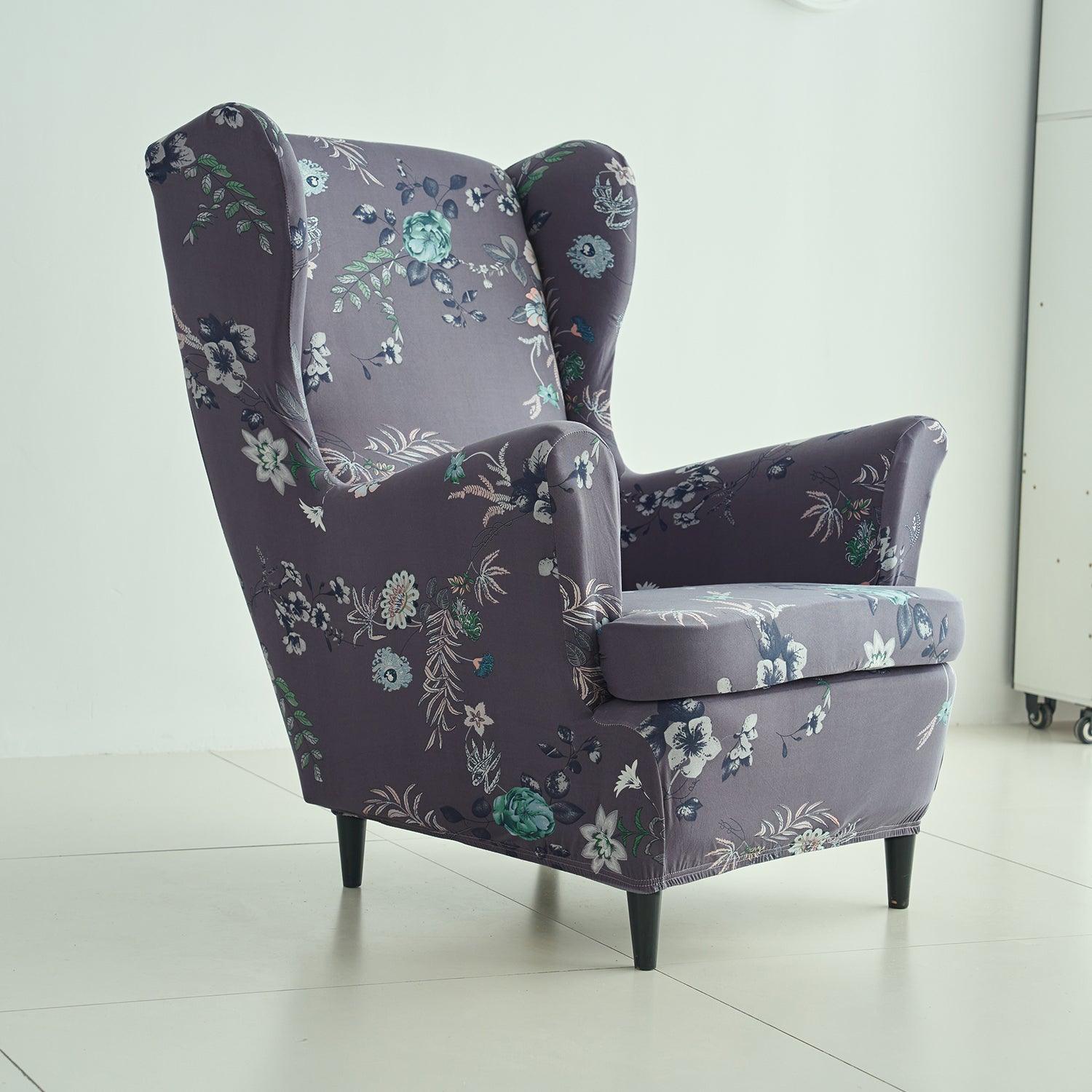 Stretchable 140 GSM Wing Chair Cover, Bentonite Grey Budding Florals - HOKIPO | Har Ghar ka Humsafar