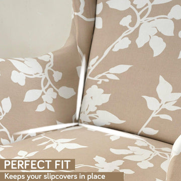 Stretchable 140 GSM Wing Chair Cover, Buff Brown Sillehoute Floral - HOKIPO | Har Ghar ka Humsafar