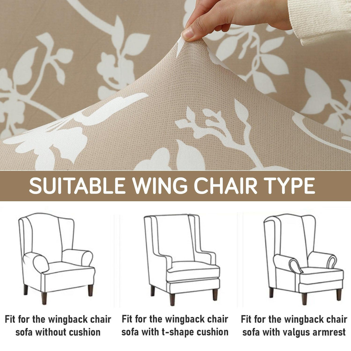 Buff Brown Sillehoute Floral Elastic Stretchable Chair Cover for Wingback Chair