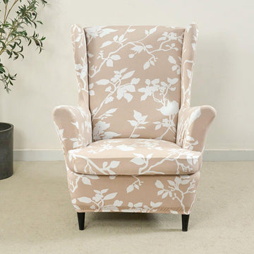 Stretchable 140 GSM Wing Chair Cover, Buff Brown Sillehoute Floral - HOKIPO | Har Ghar ka Humsafar