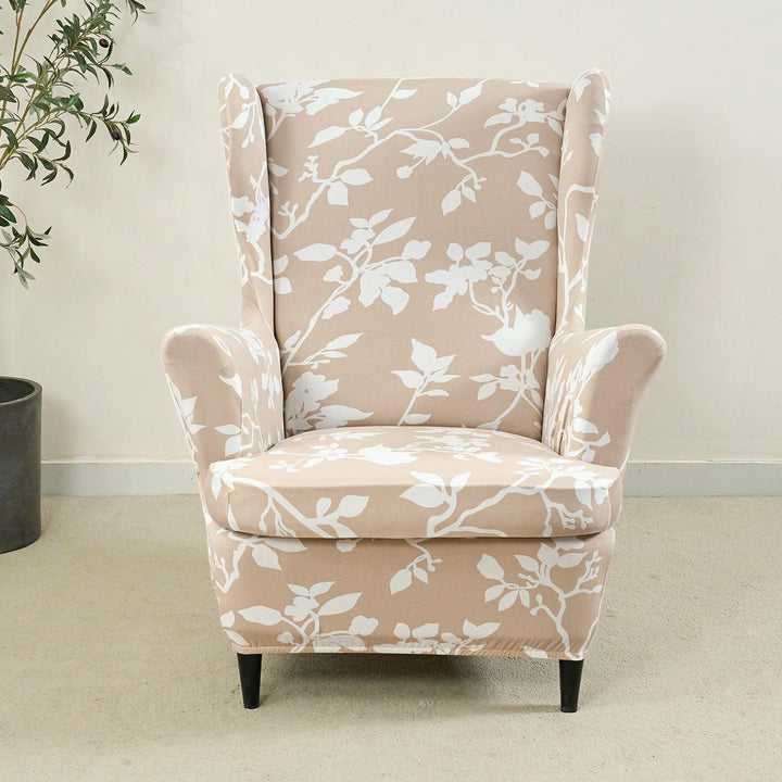 Stretchable 140 GSM Wing Chair Cover, Buff Brown Sillehoute Floral - HOKIPO | Har Ghar ka Humsafar