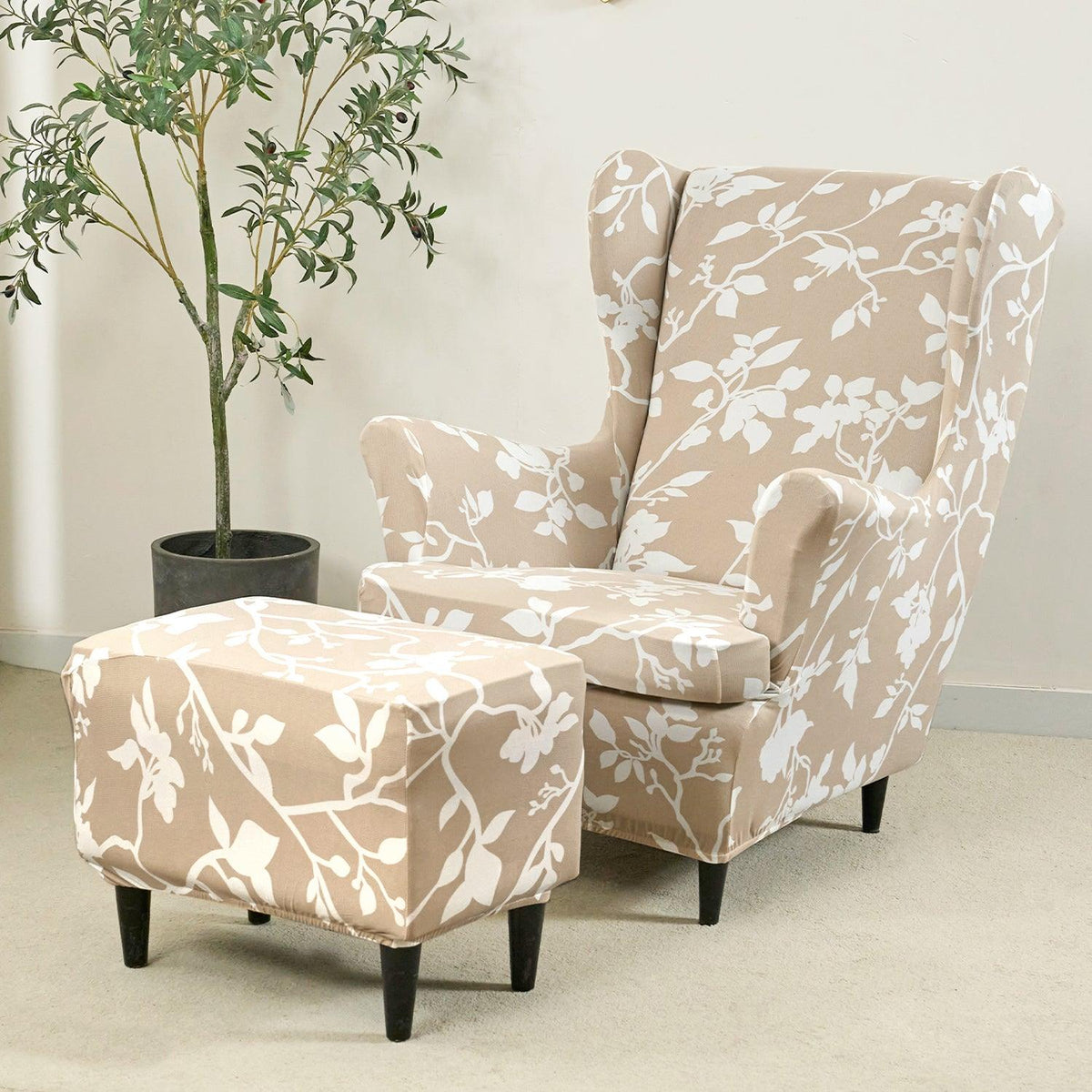 Buy Buff Brown Sillehoute Floral Stretchable Wingback Chair & Footstool Cover