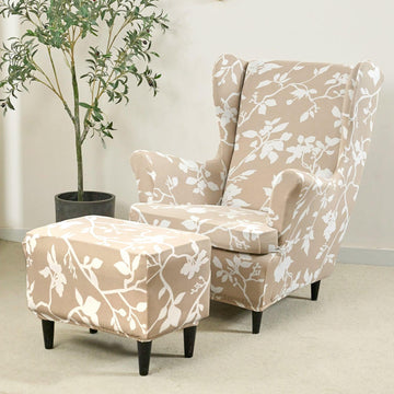 Stretchable 140 GSM Wing Chair Cover, Buff Brown Sillehoute Floral - HOKIPO | Har Ghar ka Humsafar