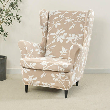 Stretchable 140 GSM Wing Chair Cover, Buff Brown Sillehoute Floral - HOKIPO | Har Ghar ka Humsafar