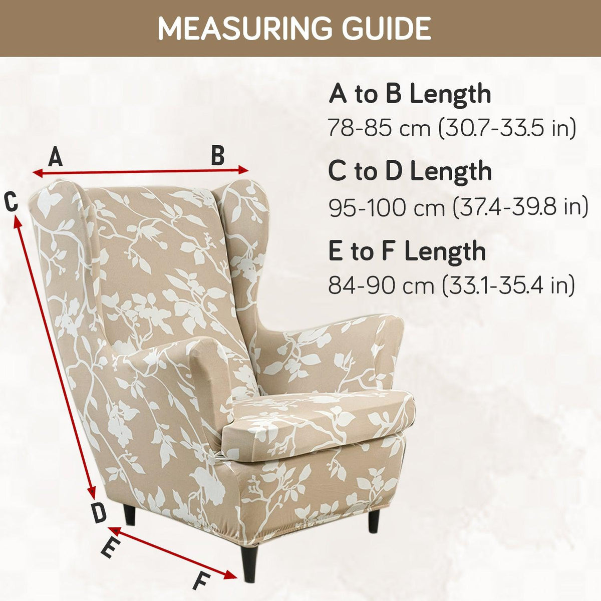 Buff Brown Sillehoute Floral Stretchable Chair Cover for Wingback Chair size guide