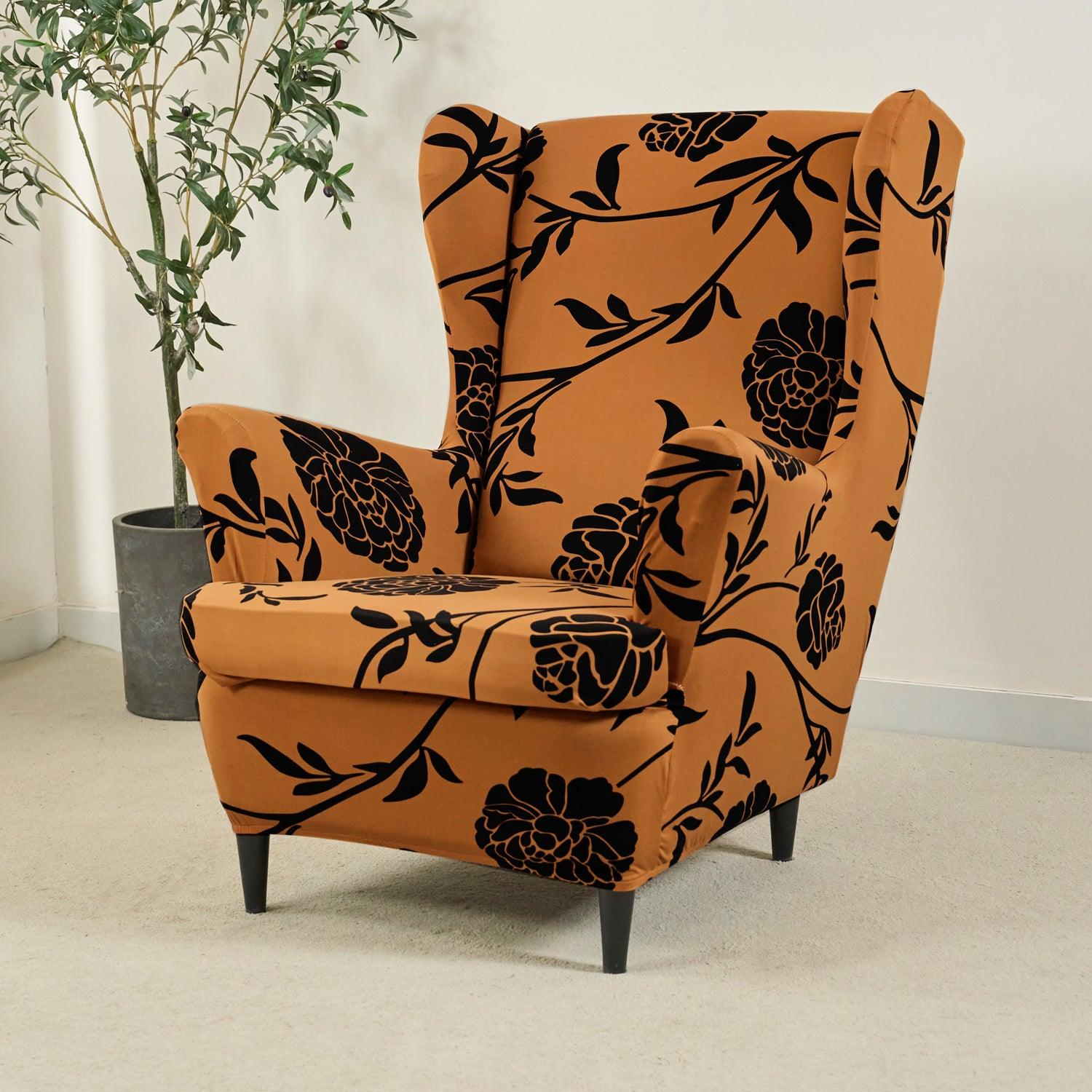 Stretchable 140 GSM Wing Chair Cover, Copper Brown Floral - HOKIPO | Har Ghar ka Humsafar