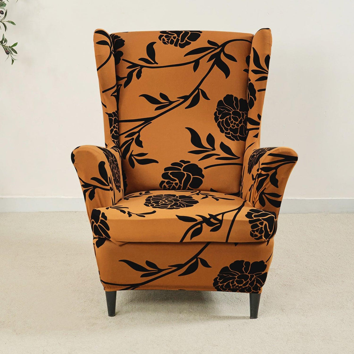 Copper Brown Floral Stretchable Chair Covers for Wingback Chairs