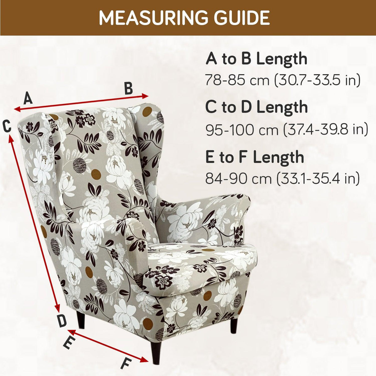 Feather Brown Floral Stretchable Chair Cover for Wingback Chair size guide