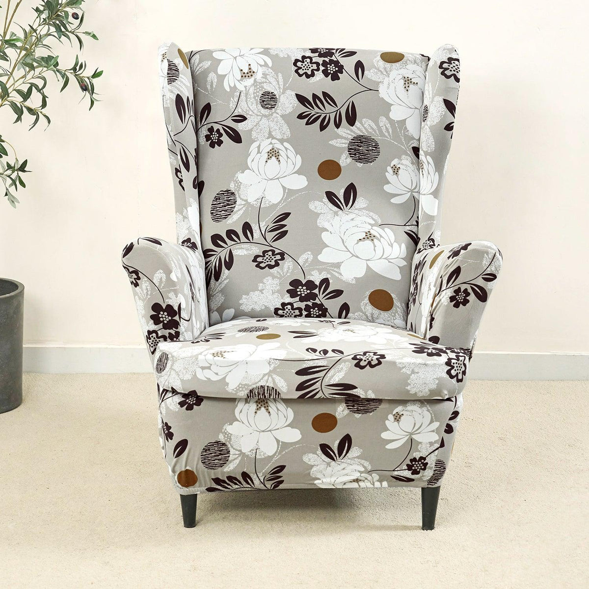Feather Brown Floral Stretchable Chair Covers for Wingback Chairs