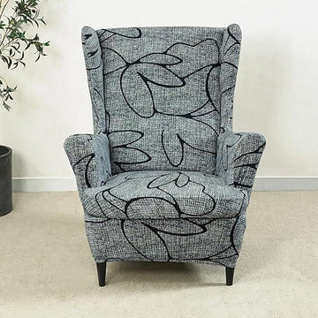 Stretchable 140 GSM Wing Chair Cover, Intense Grey Abstract Floral - HOKIPO | Har Ghar ka Humsafar
