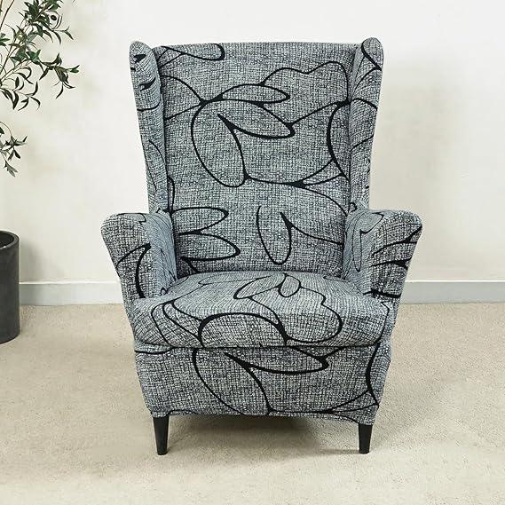 Stretchable 140 GSM Wing Chair Cover, Intense Grey Abstract Floral - HOKIPO | Har Ghar ka Humsafar