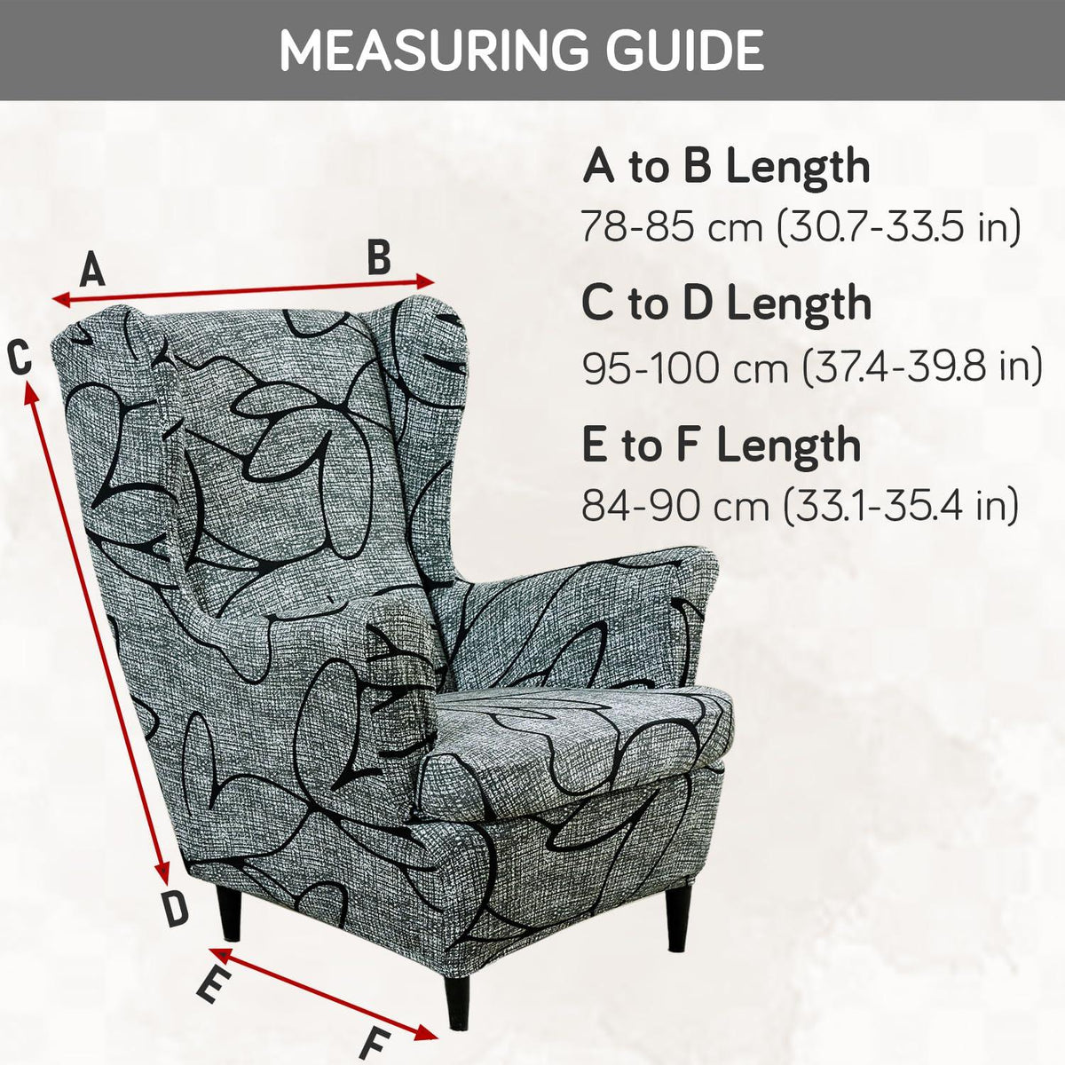 Intense Grey Abstract Floral Stretchable Chair Cover for Wingback Chair size guide