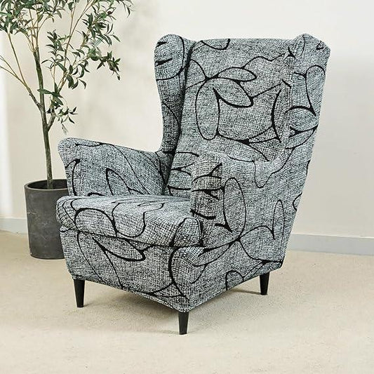 Stretchable 140 GSM Wing Chair Cover, Intense Grey Abstract Floral - HOKIPO | Har Ghar ka Humsafar