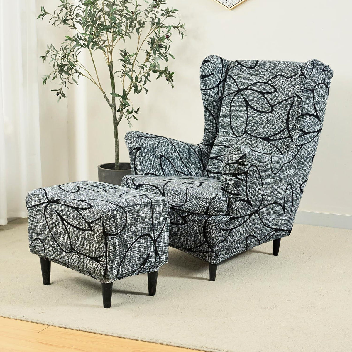 Buy Intense Grey Abstract Floral Stretchable Wingback Chair & Footstool Cover