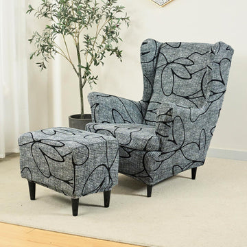 Stretchable 140 GSM Wing Chair Cover, Intense Grey Abstract Floral - HOKIPO | Har Ghar ka Humsafar