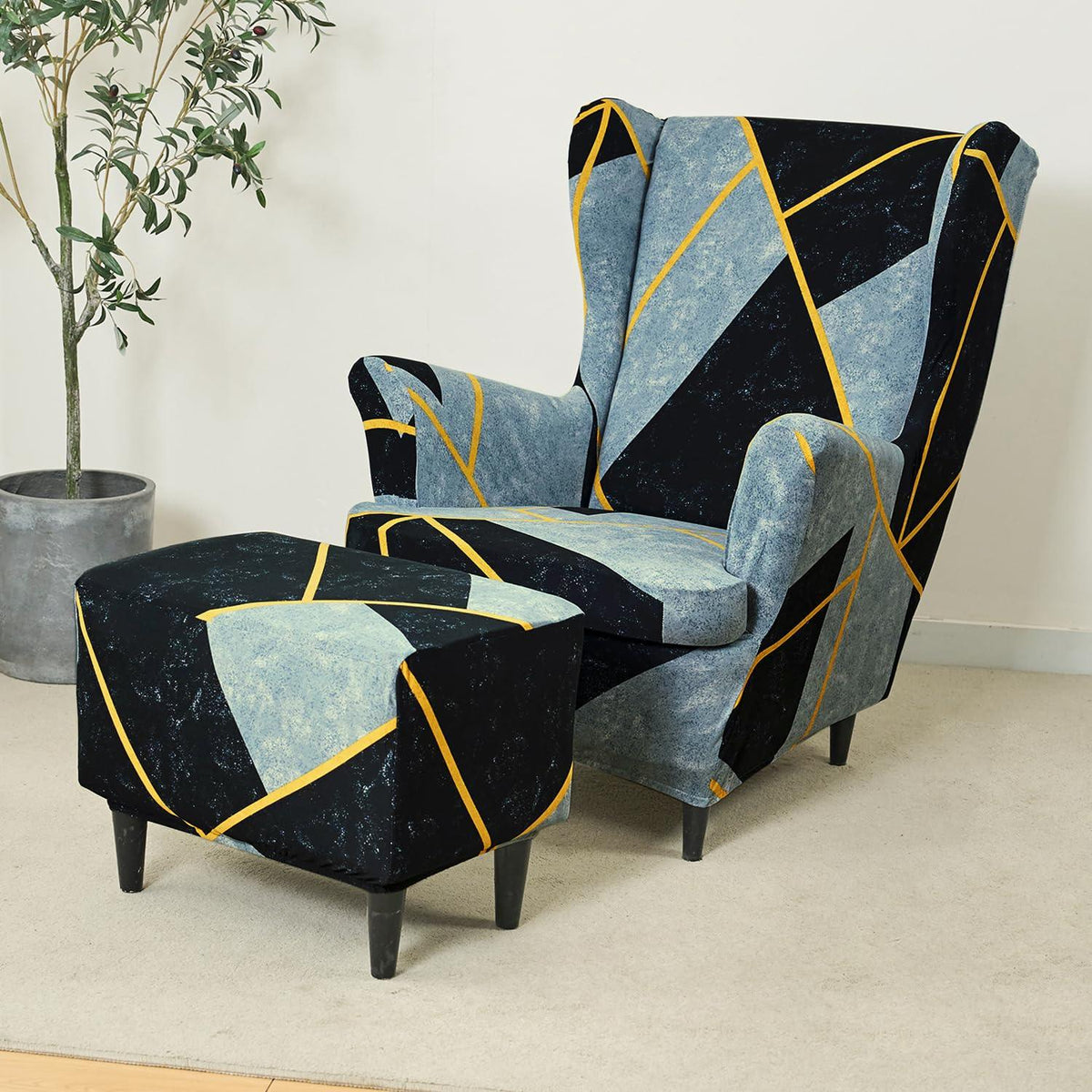 Buy Multicolor Abstract Geometry Stretchable Wingback Chair & Footstool Cover