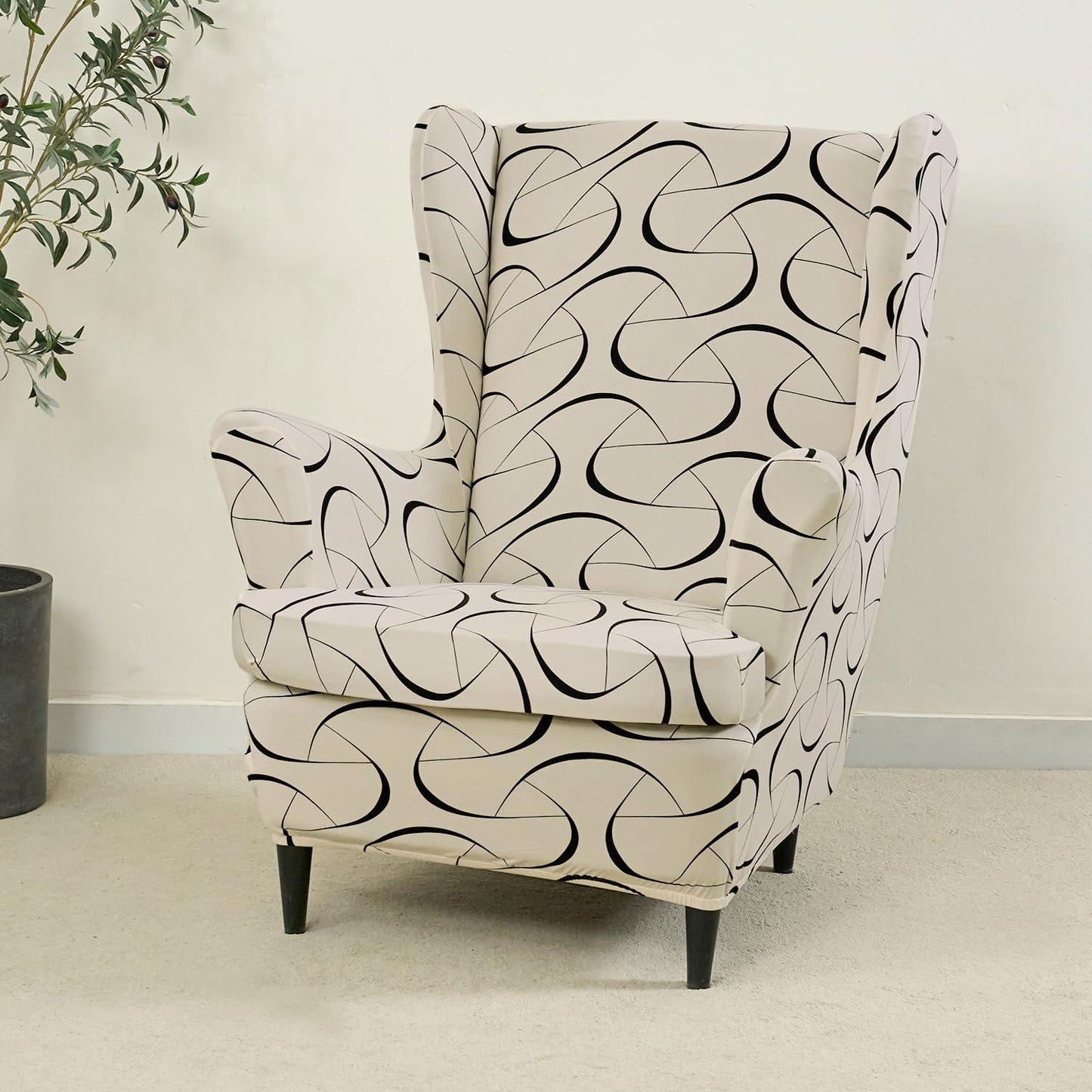 Stretchable 140 GSM Wing Chair Cover, Natural Beige Abstract Art - HOKIPO | Har Ghar ka Humsafar