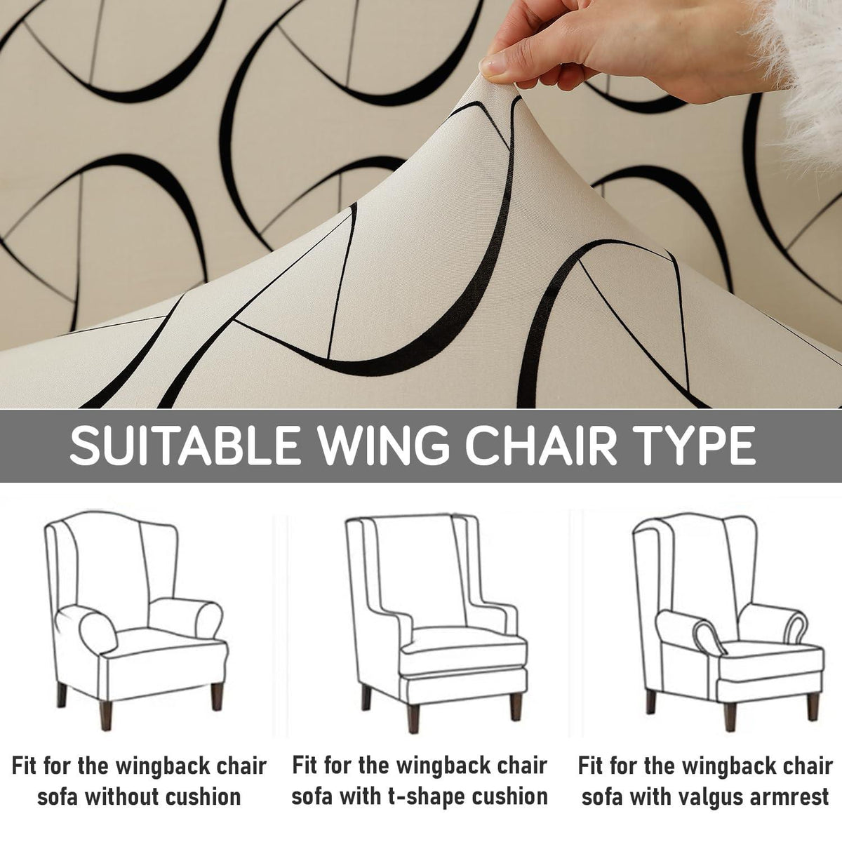 Natural Beige Abstract Art Stretchable Chair Cover for Wingback Chair