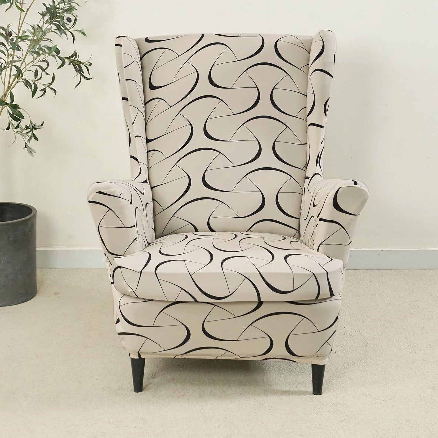 Stretchable 140 GSM Wing Chair Cover, Natural Beige Abstract Art - HOKIPO | Har Ghar ka Humsafar