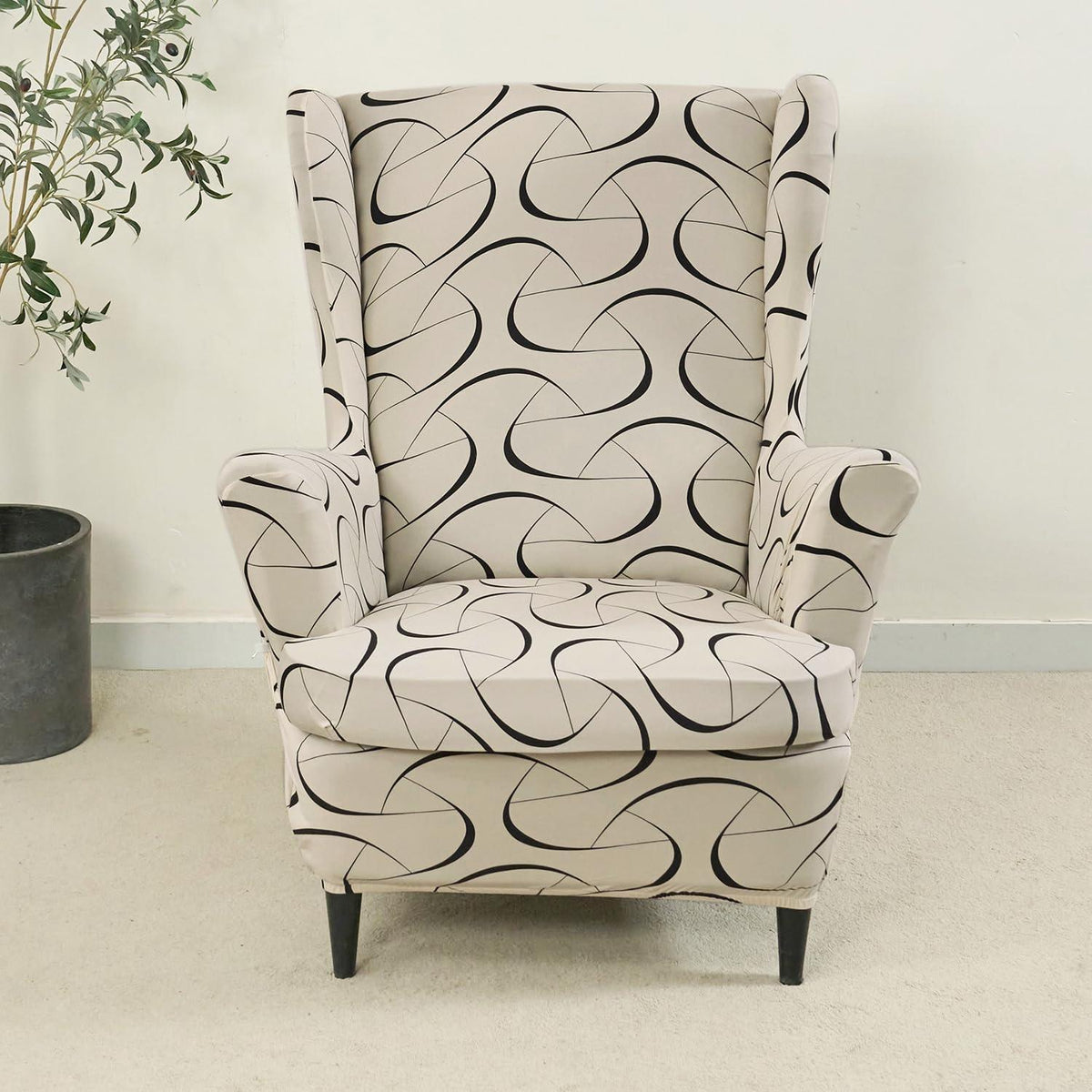 Natural Beige Abstract Art Elastic Wing Chair Cover