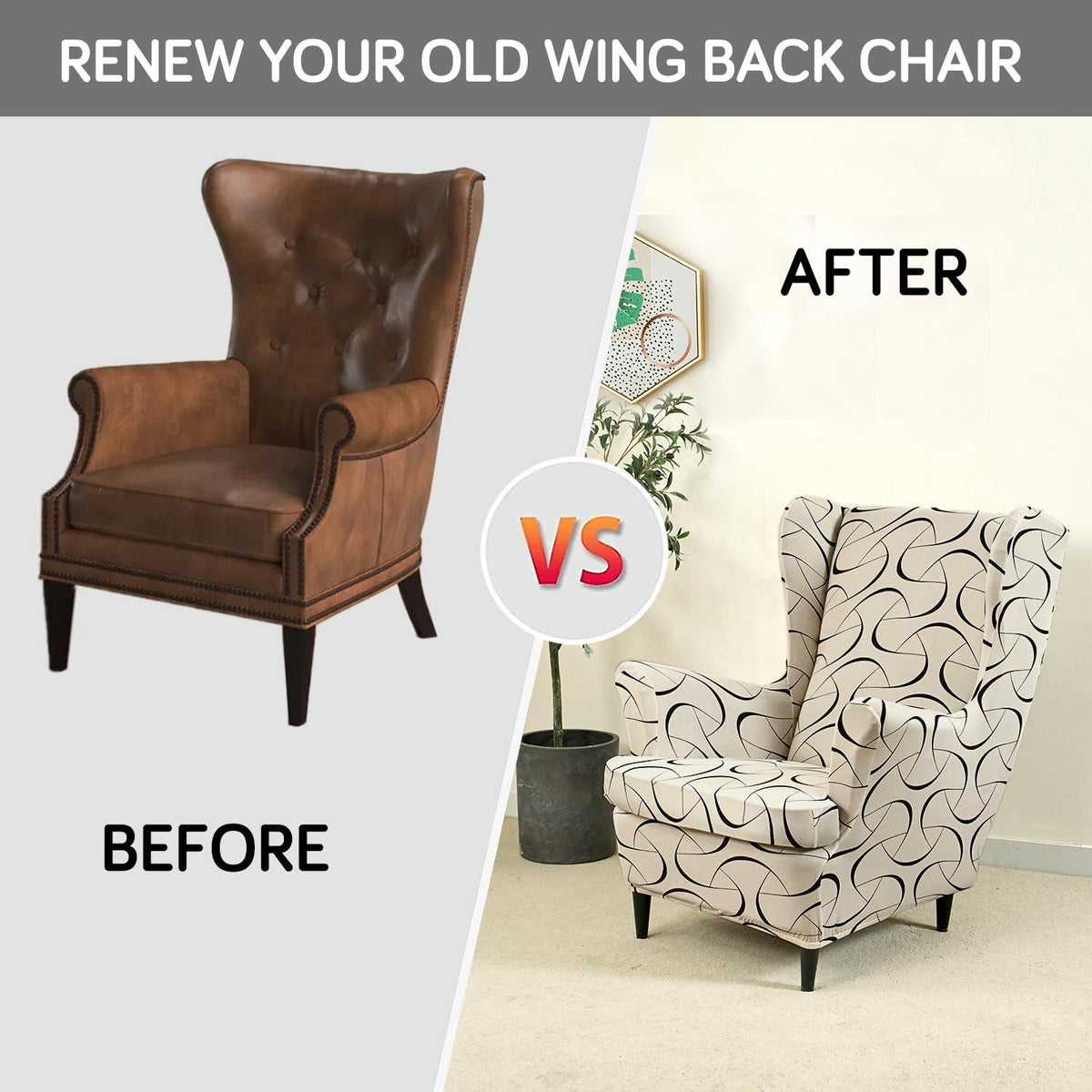 Natural Beige Abstract Art stylish Elastic Wing Chair Cover