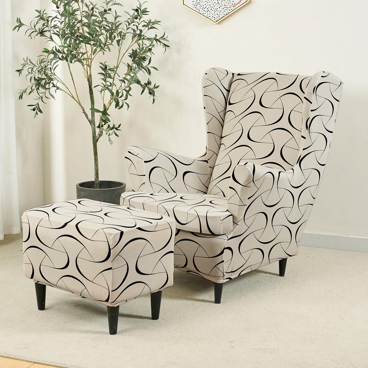 Buy Natural Beige Abstract Art Stretchable Wingback Chair & Footstool Cover
