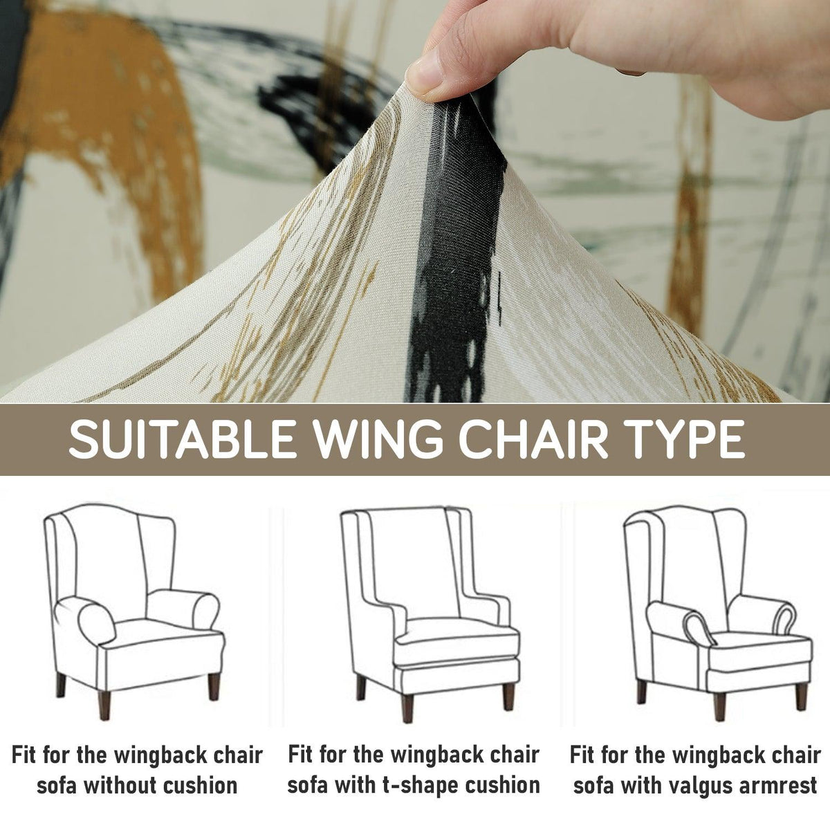 Parchement Beige Abstract Art Elastic Stretchable Chair Cover for Wingback Chair