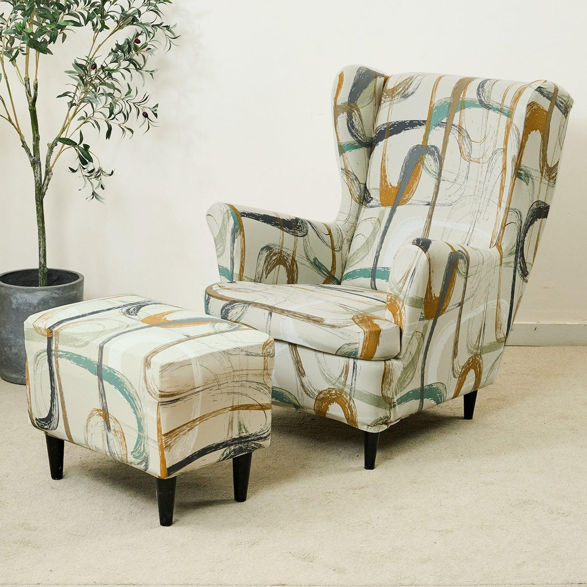 Buy Parchement Beige Abstract Art Stretchable Wingback Chair & Footstool Cover