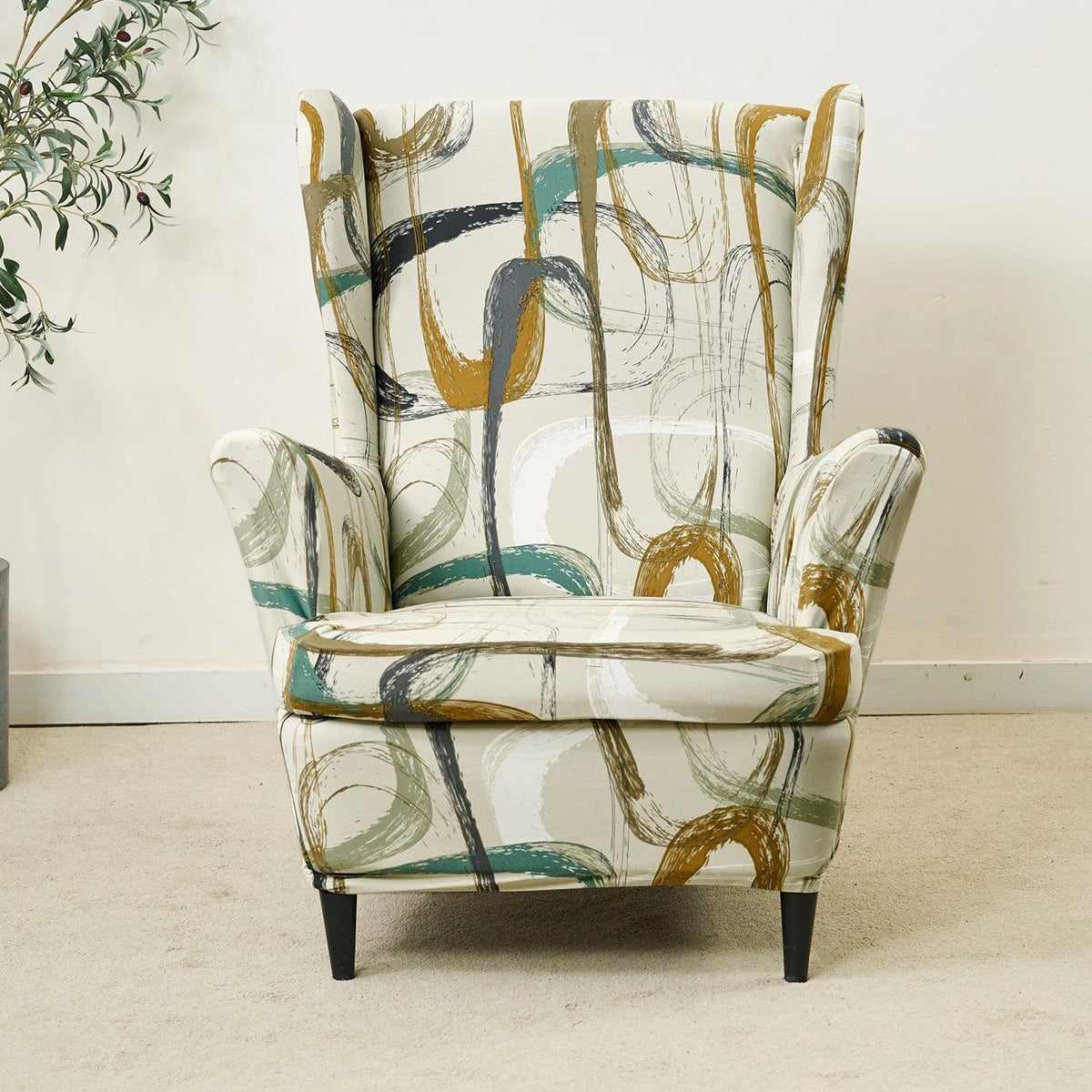Parchement Beige Abstract Art Stretchable Chair Cover for Wingback Chair