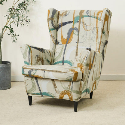 Stretchable 140 GSM Wing Chair Cover, Parchement Beige Abstract Art - HOKIPO | Har Ghar ka Humsafar