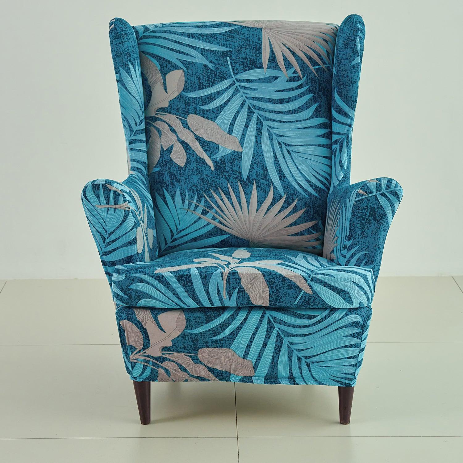 Stretchable 140 GSM Wing Chair Cover, Sea Blue Tropical Leaves - HOKIPO | Har Ghar ka Humsafar