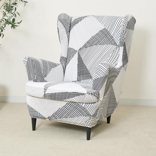 Stretchable 140 GSM Wing Chair Cover, Snow White Black Geometry - HOKIPO | Har Ghar ka Humsafar