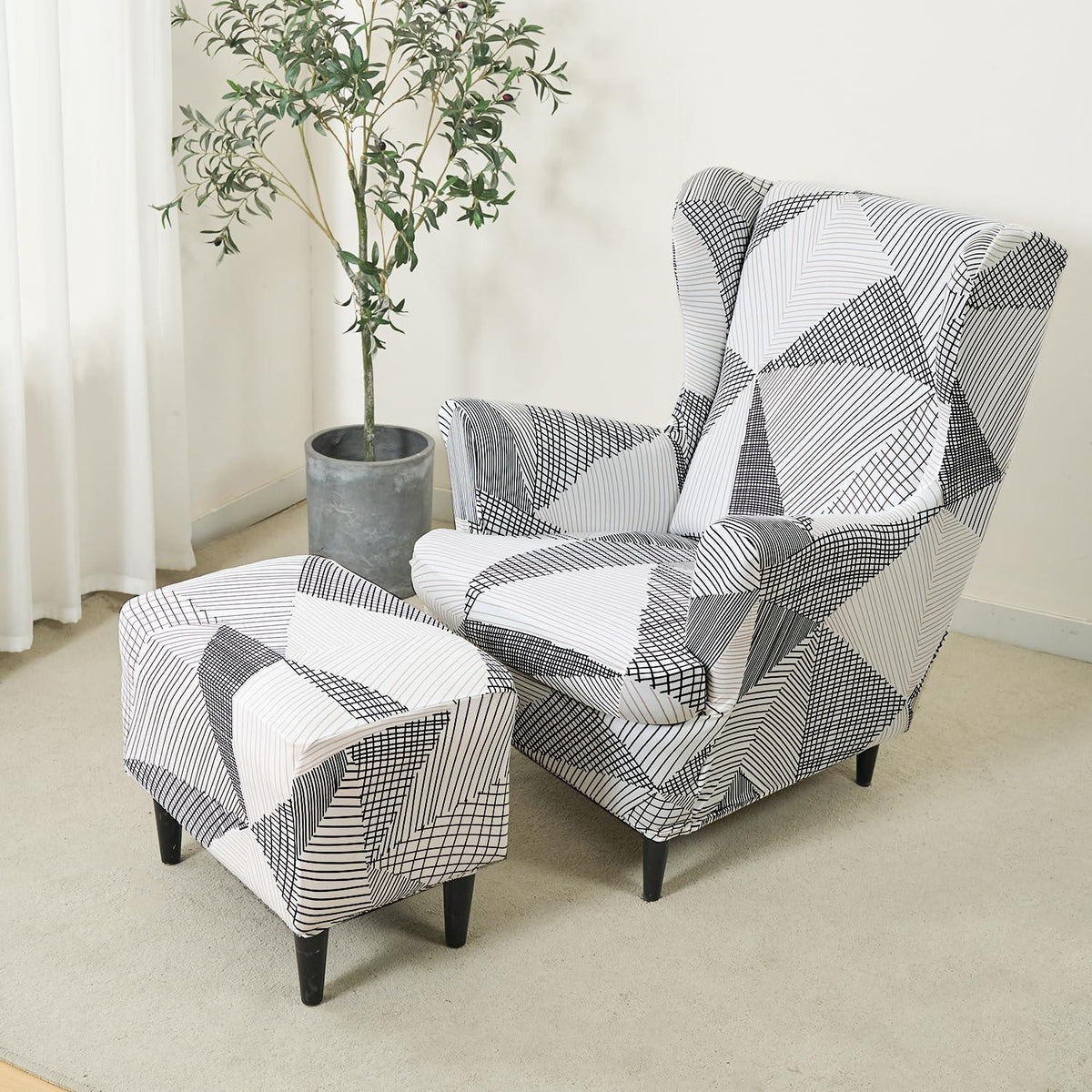 Buy Snow White Black Geometry Stretchable Wingback Chair & Footstool Cover