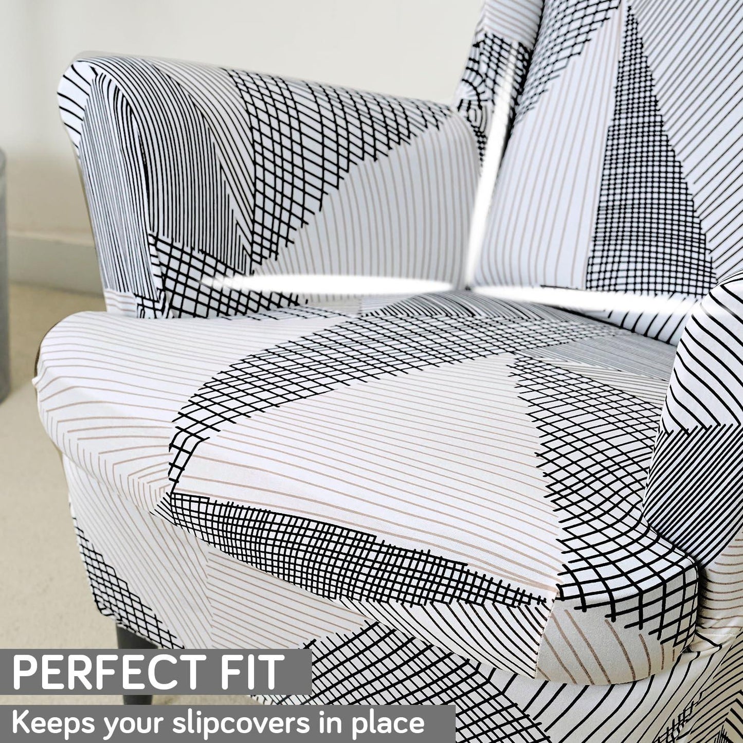 Stretchable 140 GSM Wing Chair Cover, Snow White Black Geometry - HOKIPO | Har Ghar ka Humsafar