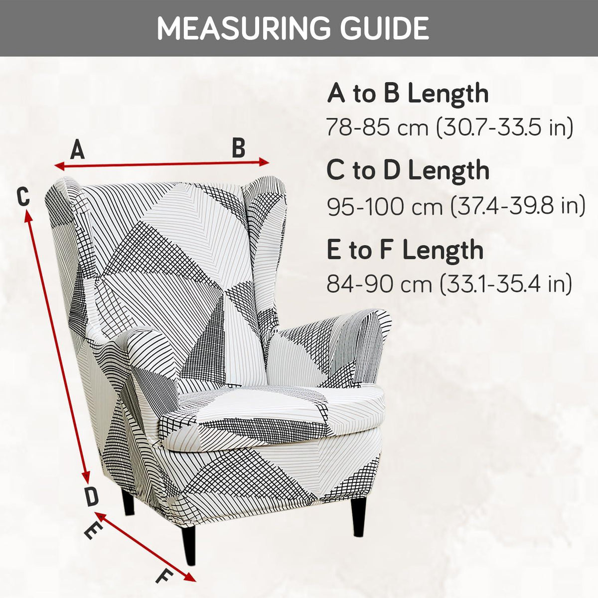 Snow White Black Geometry Stretchable Chair Cover for Wingback Chair size guide
