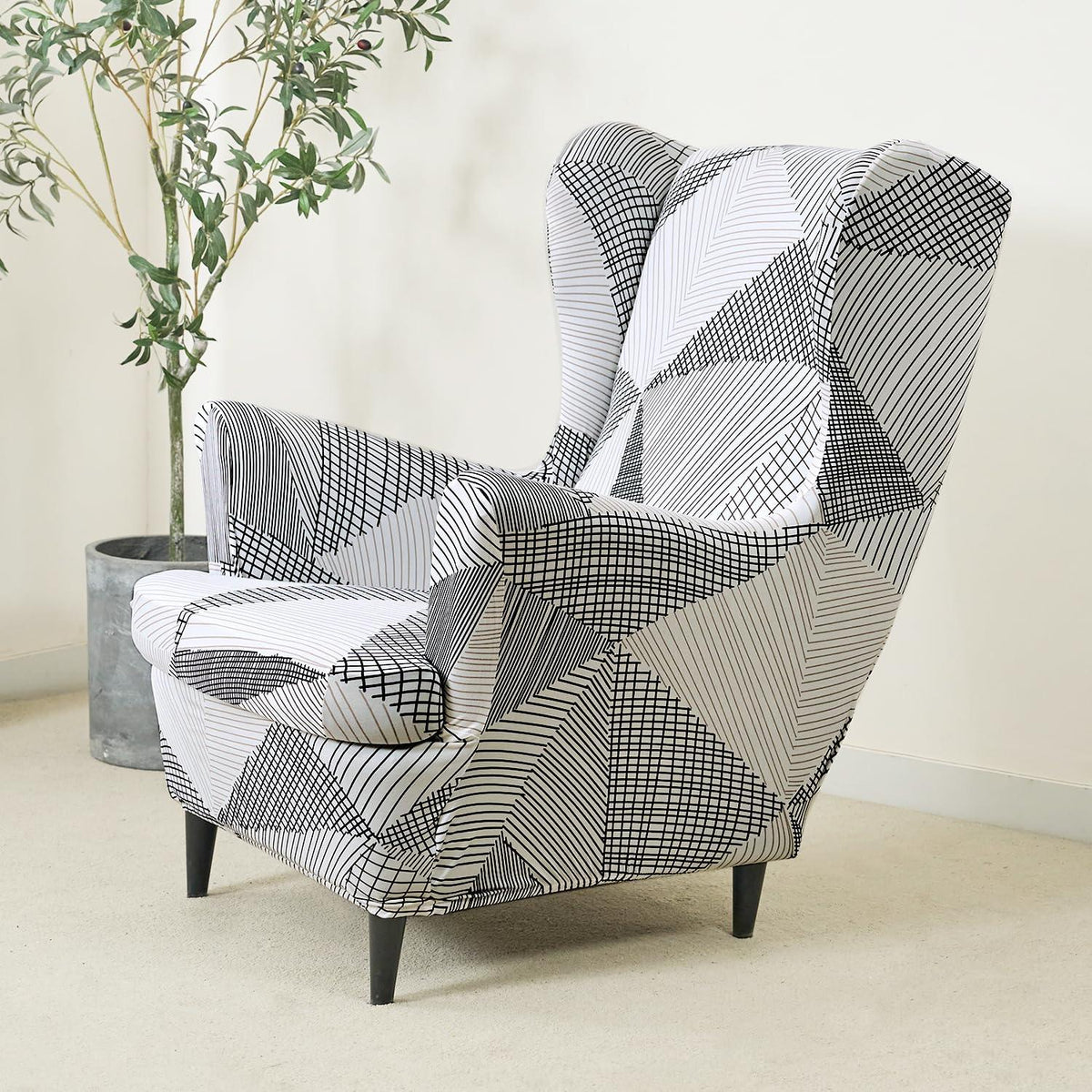 Snow White Black Geometry Polyester Elastic Wing Chair Cover