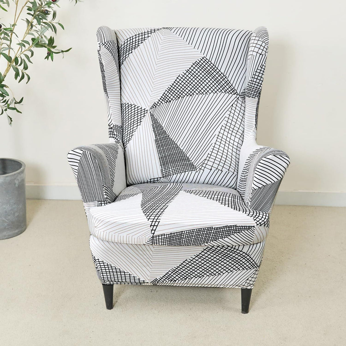 Snow White Black Geometry Elastic Wing Chair Covers