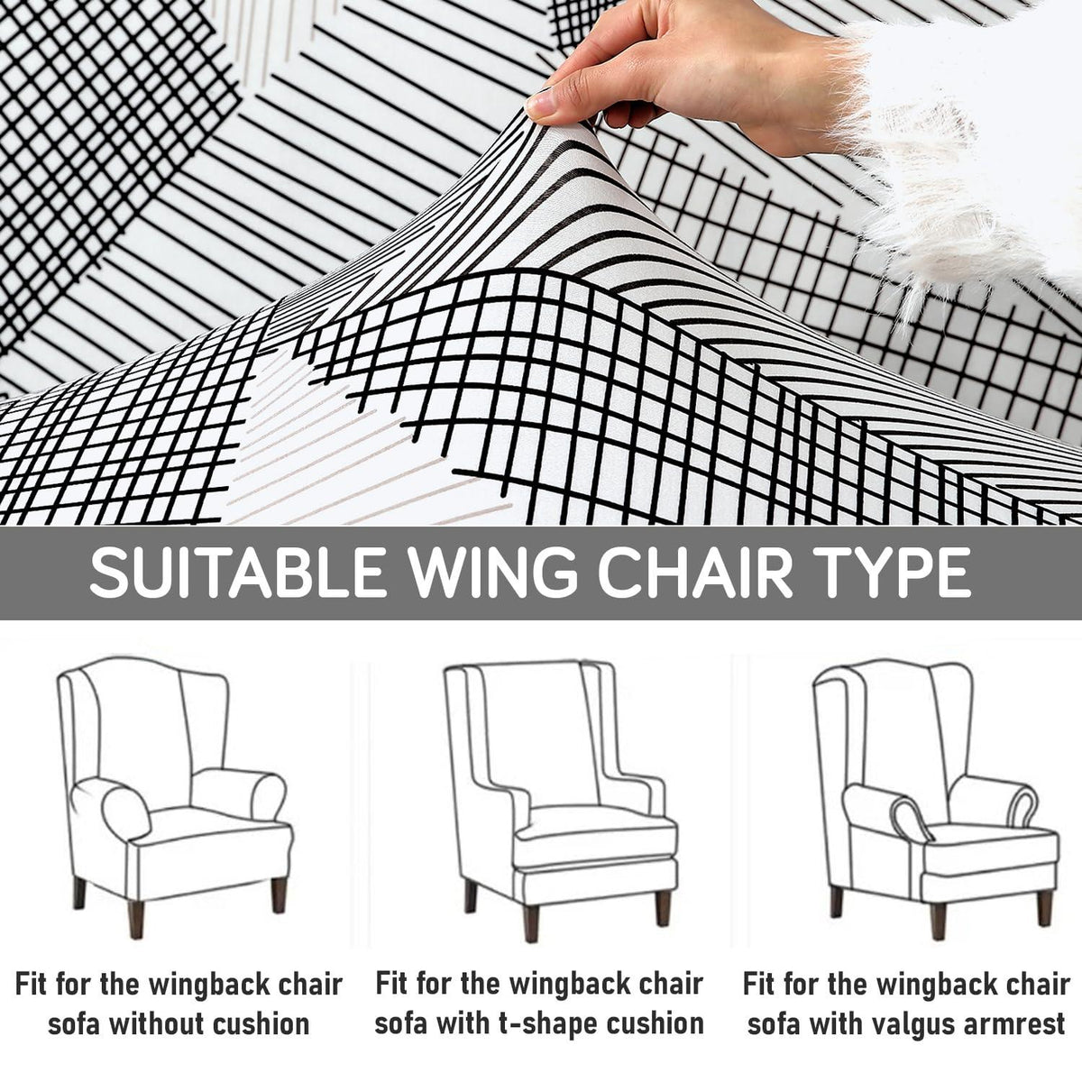 Snow White Black Geometry Stretchable Chair Cover for Wingback Chair